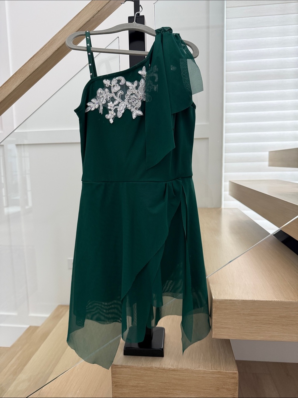 Emerald Green One-Shoulder Girls Dress with Silver Appliqué